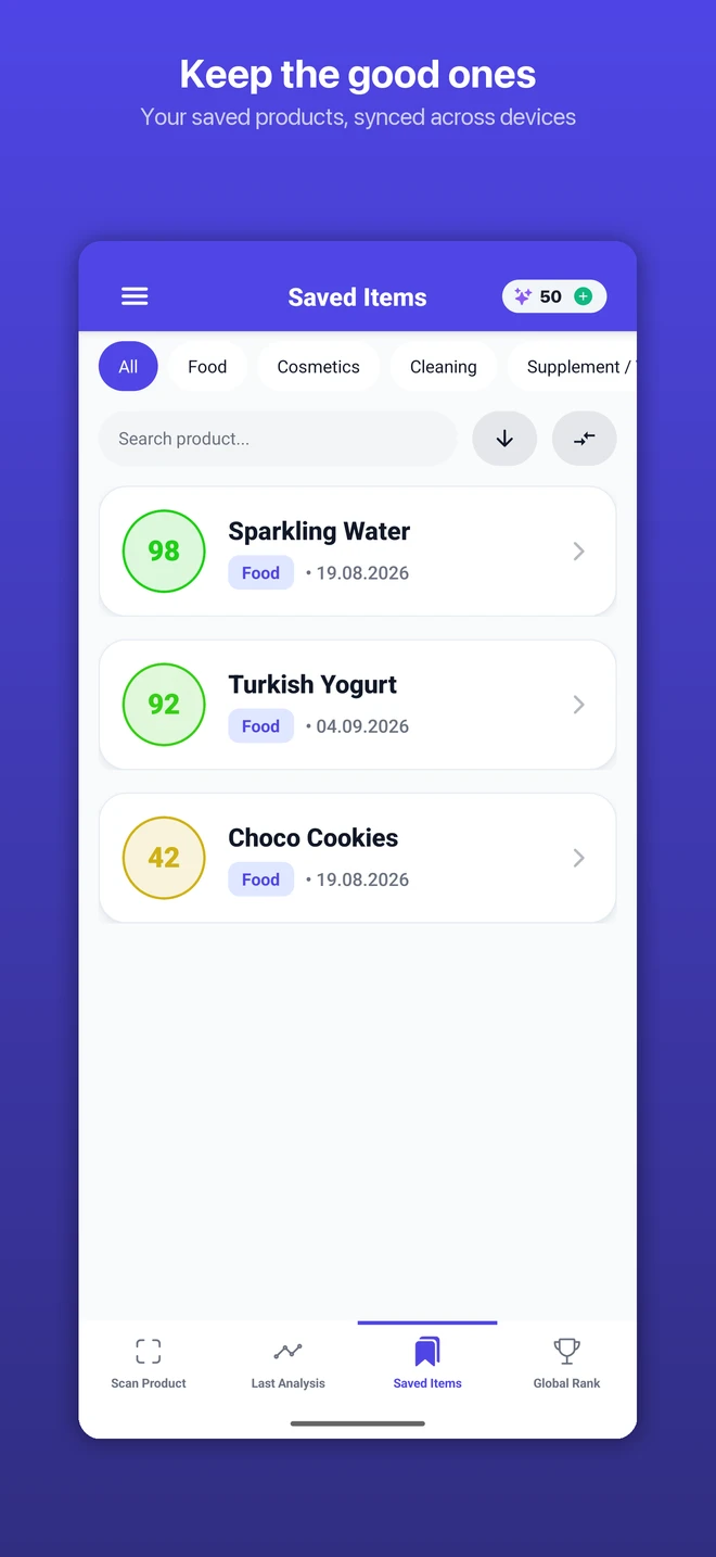 Actual Health Score saved-items screen with example saved water, yogurt, and cookie analyses.