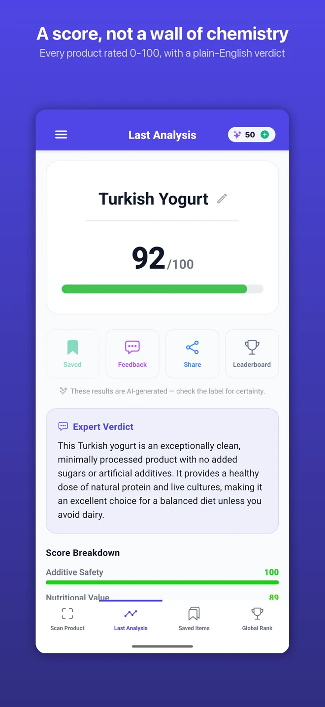Health Score app showing an example Turkish Yogurt analysis, with a score of 92 out of 100 and an AI-generated results notice.